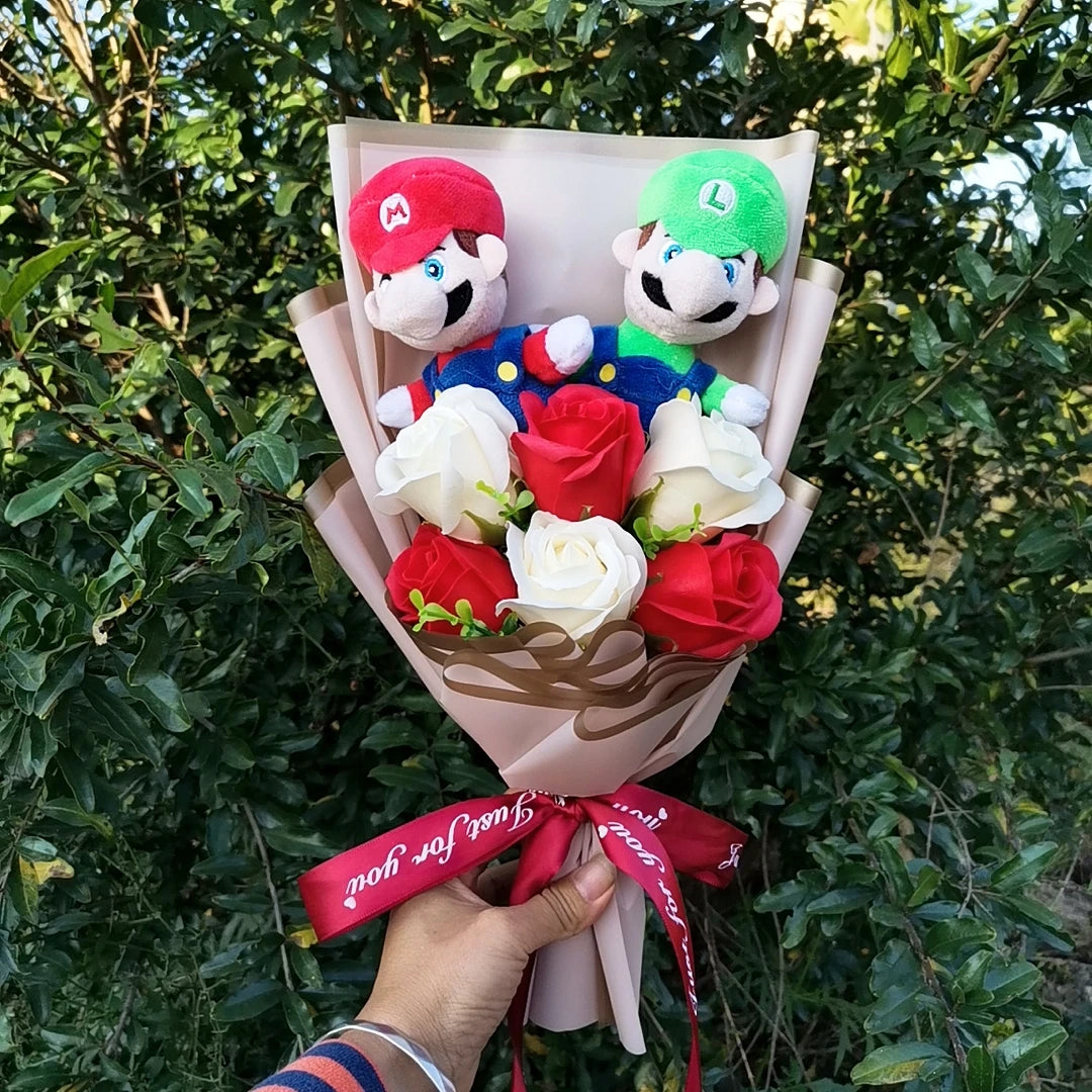 Super Mario Bros Christmas Plush Bouquet Doll Toys With Soap Rose Flower Stuffed Animals Doll Christmas Day/Valentine's Day Gift