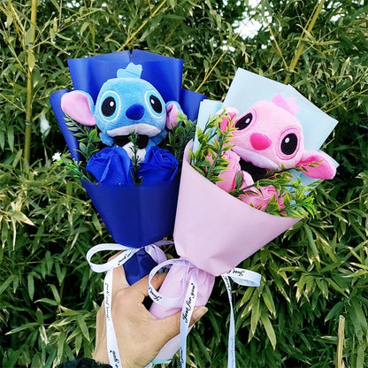 Hot Lilo & Stitch With Soap Rose Flower Bouquet Anime Stuffed Animals Plush Doll Toys Home Decoration Valentine Graduation Gift