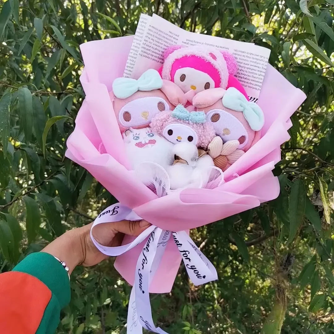 My Melody Graduation Flower Bouquet with Soap Rose Flower, Birthday Sunflower, Anime Plush Doll Toy, Valentine's Day Gifts