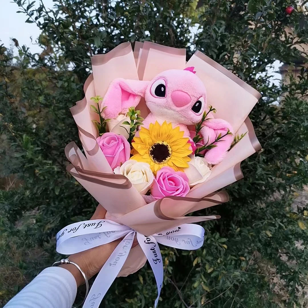Peluche Lilo Stitch avec bouquet de fleurs Rose Savon