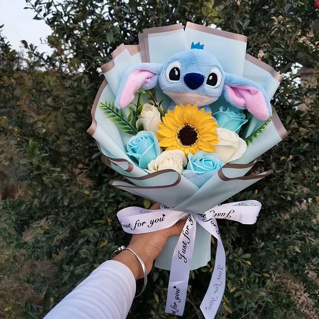 Peluche Lilo Stitch avec bouquet de fleurs Rose Savon