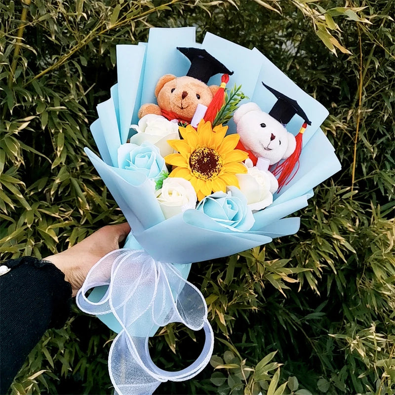 Teddy Bear Plush Graduation Flower Bouquet With Soap Rose Flower Birthday Sunflower Stuffed Animals Valentine's Day Gifts