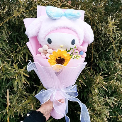 My Melody Graduation Flower Bouquet with Soap Rose Flower, Birthday Sunflower, Anime Plush Doll Toy, Valentine's Day Gifts