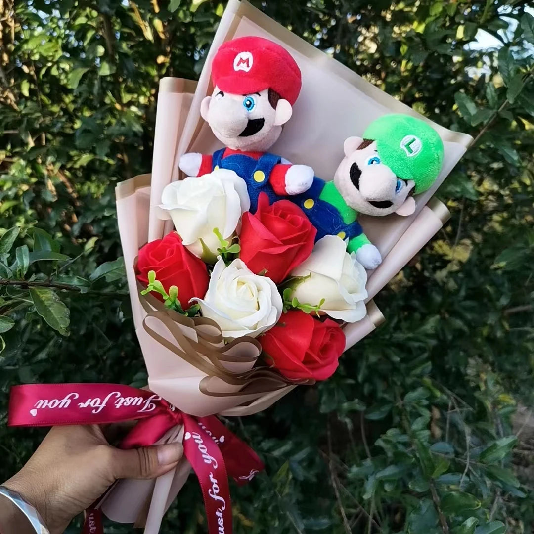 Super Mario Bros Christmas Plush Bouquet Doll Toys With Soap Rose Flower Stuffed Animals Doll Christmas Day/Valentine's Day Gift