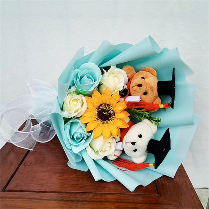 Teddy Bear Plush Graduation Flower Bouquet With Soap Rose Flower Birthday Sunflower Stuffed Animals Valentine's Day Gifts