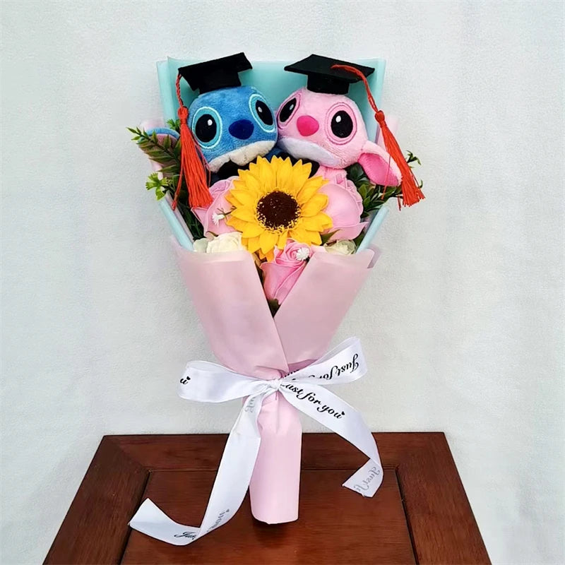 Hot Lilo & Stitch With Soap Rose Flower Bouquet Anime Stuffed Animals Plush Doll Toys Home Decoration Valentine Graduation Gift