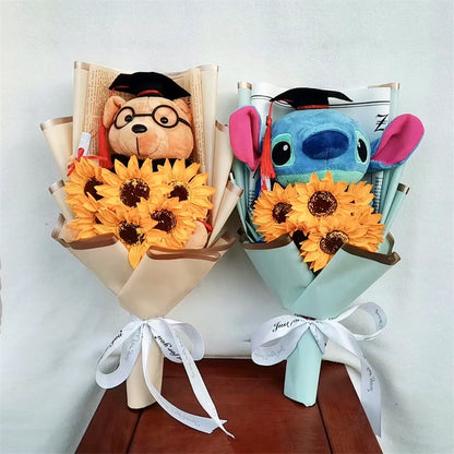 Doctor Teddy Bear Stitch Plush Bouquet Toys with Sunflower  Cute Teddy Bear Doll Student Graduation Souvenir Birthday Gifts