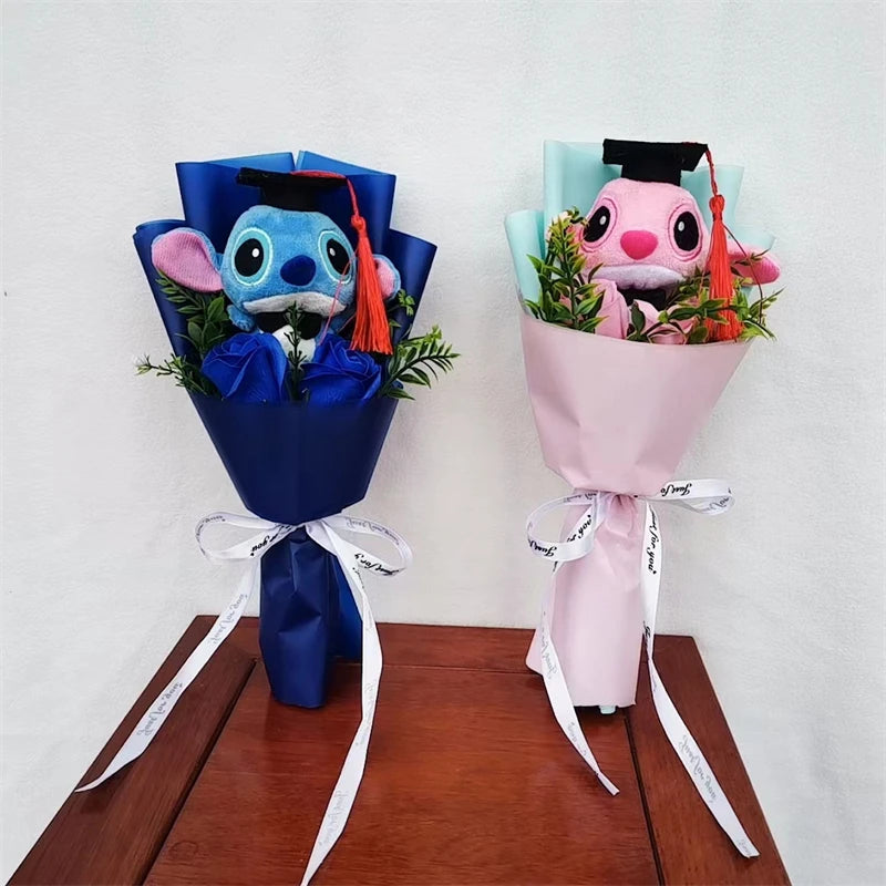 Hot Lilo & Stitch Plush Doll Toys With Soap Rose Flower Bouquet Anime Stuffed Animals Home Decoration Valentine Graduation Gift