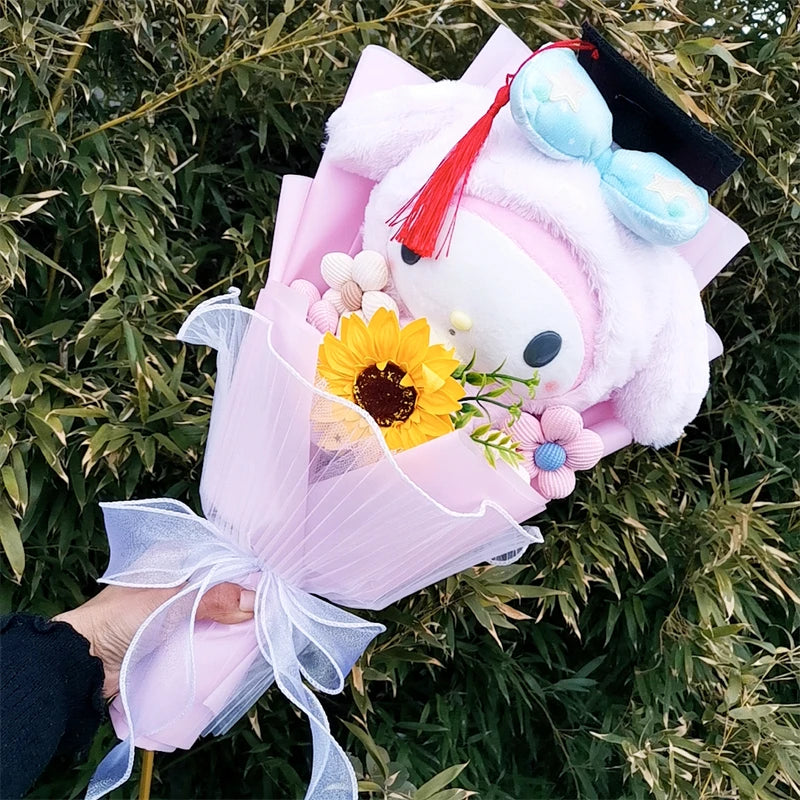 My Melody Graduation Flower Bouquet with Soap Rose Flower, Birthday Sunflower, Anime Plush Doll Toy, Valentine's Day Gifts