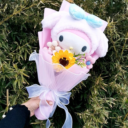 My Melody Graduation Flower Bouquet with Soap Rose Flower, Birthday Sunflower, Anime Plush Doll Toy, Valentine's Day Gifts