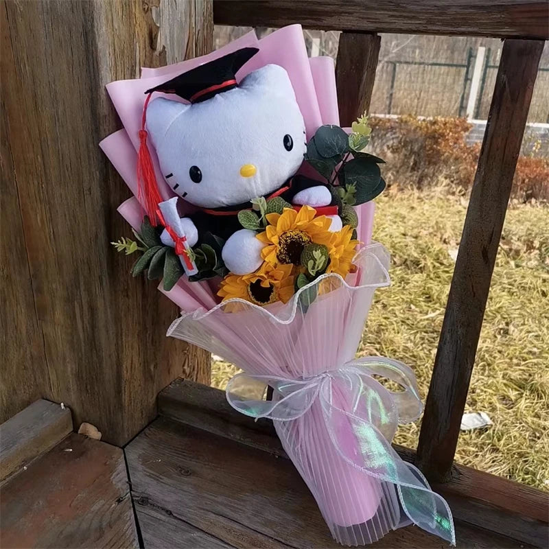 Hello Kitty Graduation Plush Bouquet Toys with Sunflower Present Stuffed Animals Toy Student Graduation Souvenir Birthday Gift