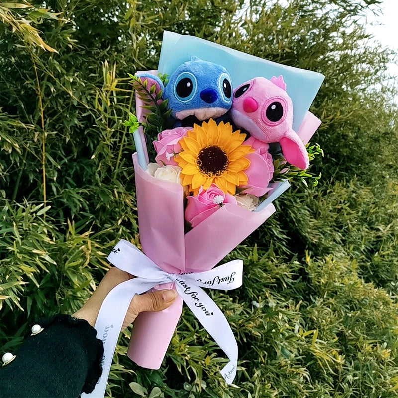 Hot Lilo & Stitch With Soap Rose Flower Bouquet Anime Stuffed Animals Plush Doll Toys Home Decoration Valentine Graduation Gift