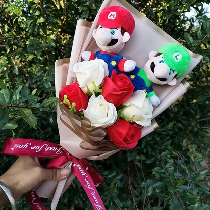 Super Mario Bros Christmas Plush Bouquet Doll Toys With Soap Rose Flower Stuffed Animals Doll Christmas Day/Valentine's Day Gift