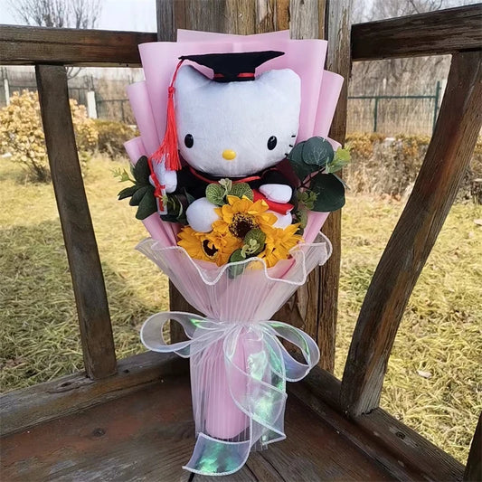 Hello Kitty Graduation Plush Bouquet Toys with Sunflower Present Stuffed Animals Toy Student Graduation Souvenir Birthday Gift