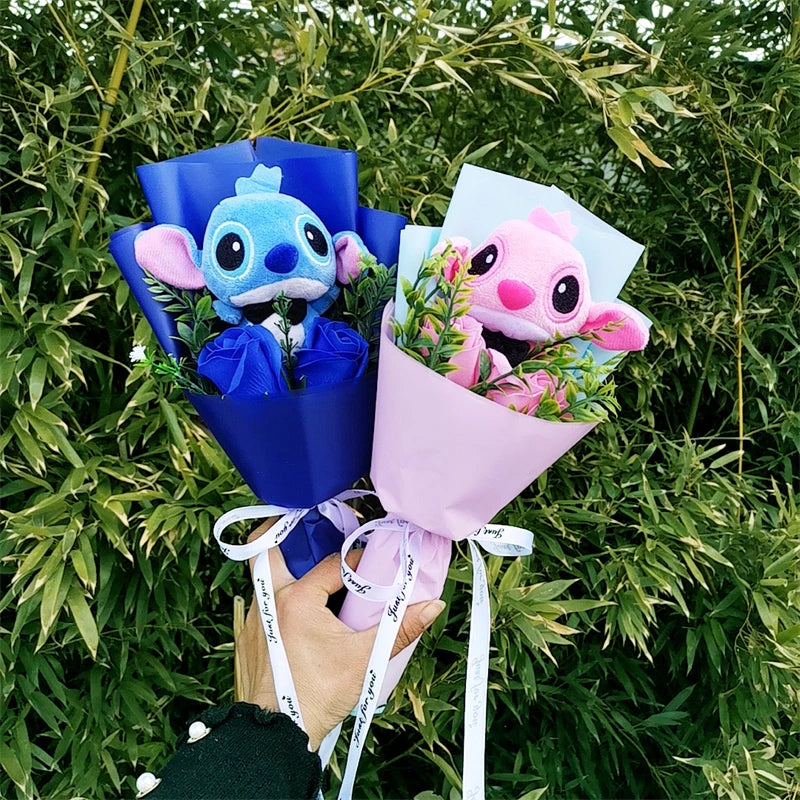 Hot Lilo & Stitch With Soap Rose Flower Bouquet Anime Stuffed Animals Plush Doll Toys Home Decoration Valentine Graduation Gift