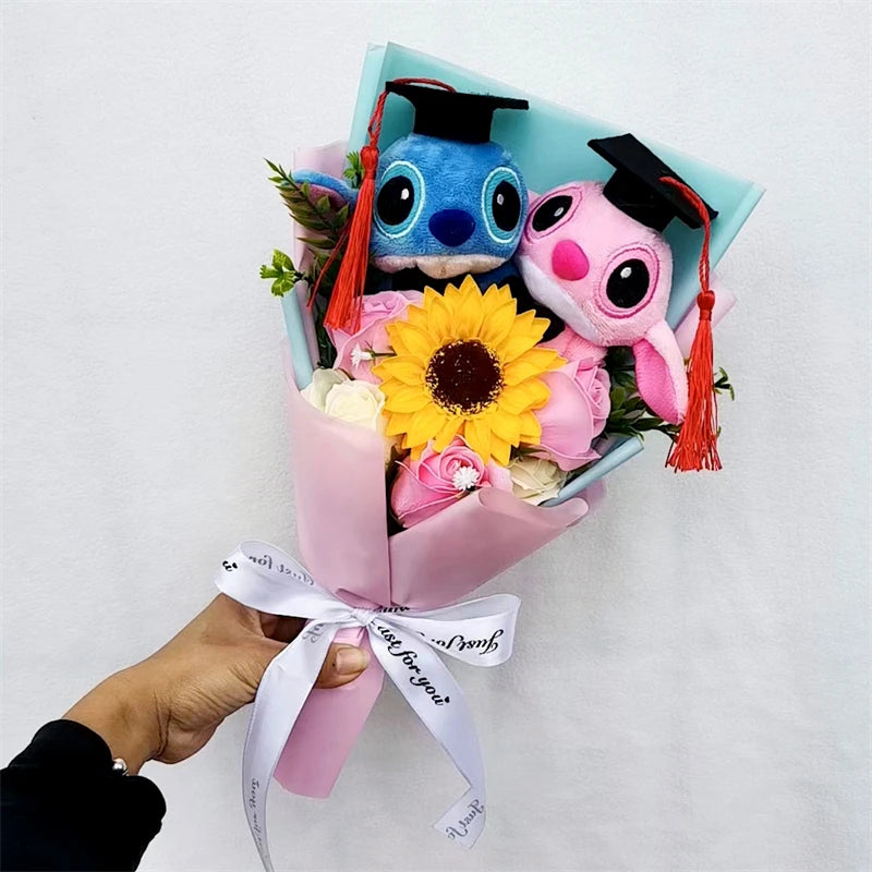 Hot Lilo & Stitch With Soap Rose Flower Bouquet Anime Stuffed Animals Plush Doll Toys Home Decoration Valentine Graduation Gift