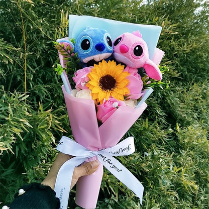 Hot Lilo & Stitch With Soap Rose Flower Bouquet Anime Stuffed Animals Plush Doll Toys Home Decoration Valentine Graduation Gift