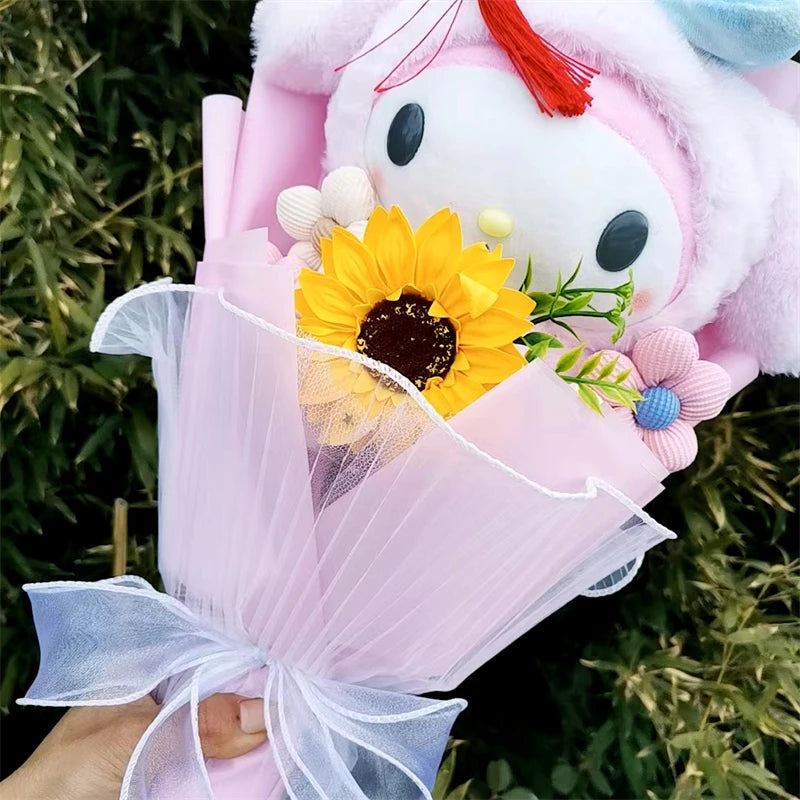 My Melody Graduation Flower Bouquet with Soap Rose Flower, Birthday Sunflower, Anime Plush Doll Toy, Valentine's Day Gifts