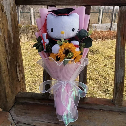 Hello Kitty Graduation Plush Bouquet Toys with Sunflower Present Stuffed Animals Toy Student Graduation Souvenir Birthday Gift