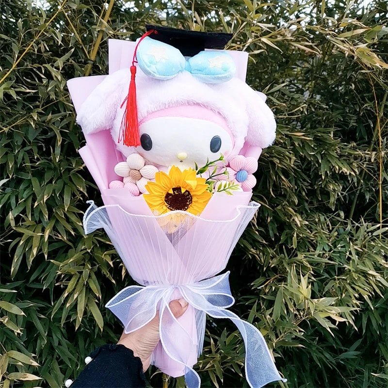 My Melody Graduation Flower Bouquet with Soap Rose Flower, Birthday Sunflower, Anime Plush Doll Toy, Valentine's Day Gifts