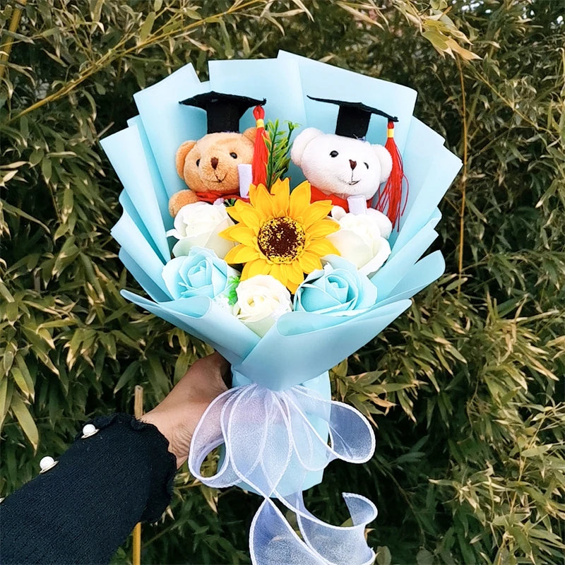 Teddy Bear Plush Graduation Flower Bouquet With Soap Rose Flower Birthday Sunflower Stuffed Animals Valentine's Day Gifts