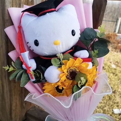 Hello Kitty Graduation Plush Bouquet Toys with Sunflower Present Stuffed Animals Toy Student Graduation Souvenir Birthday Gift