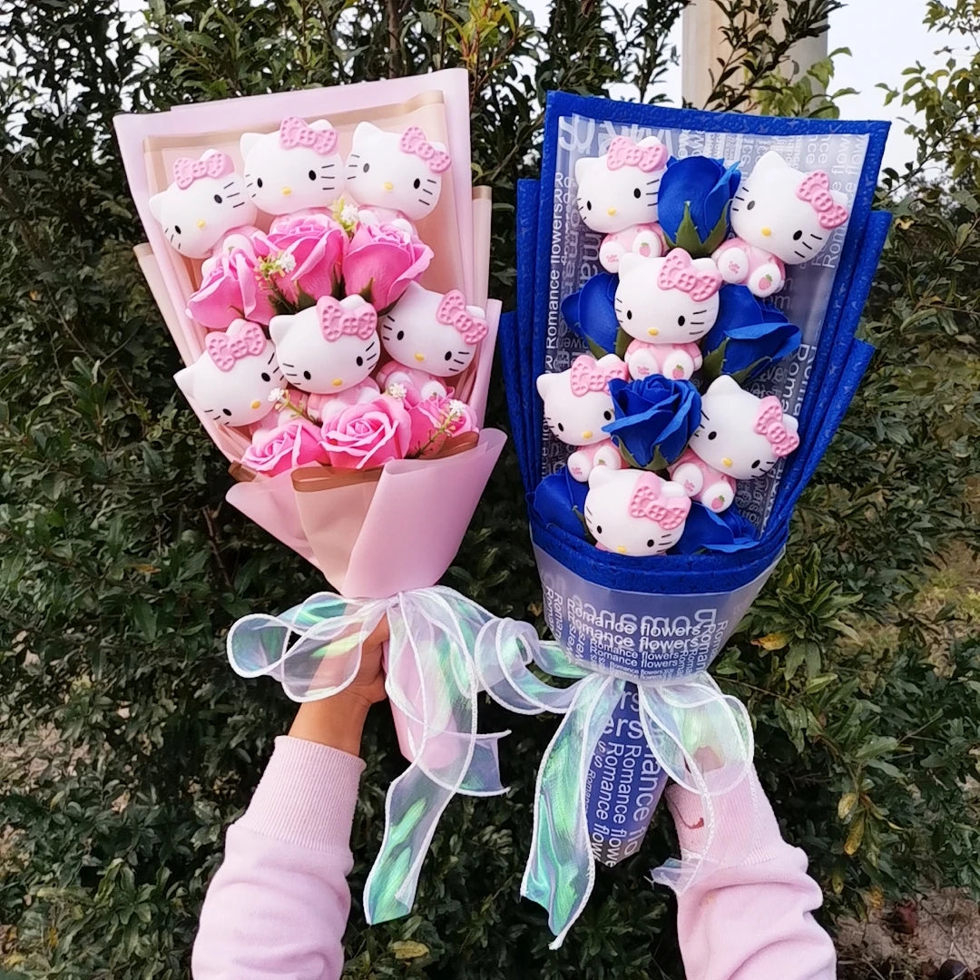 Pink Hello kitty Plush Toys With Soap Rose Flower Creative Bouquets Kawaii Stuffed Animals Doll Valentine's Day Christmas Gifts