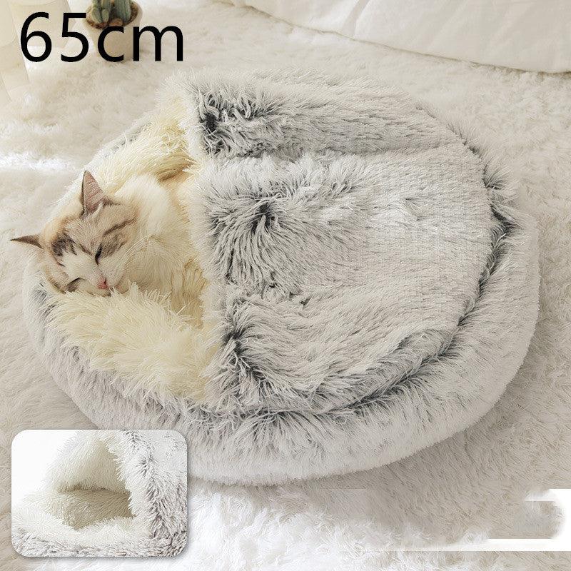 Round and semi-open plush cat bed, warm and soft