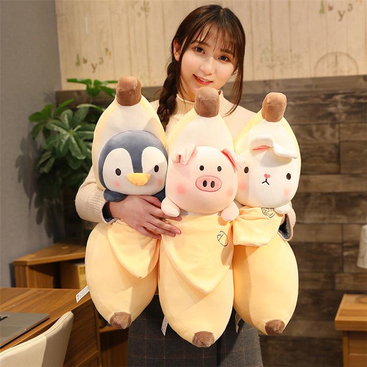 Jouet peluche créatif en forme de cochon qui pèle les bananes