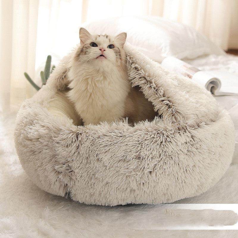 Lit pour chat en peluche rond et semi-ouvert, chaud et doux