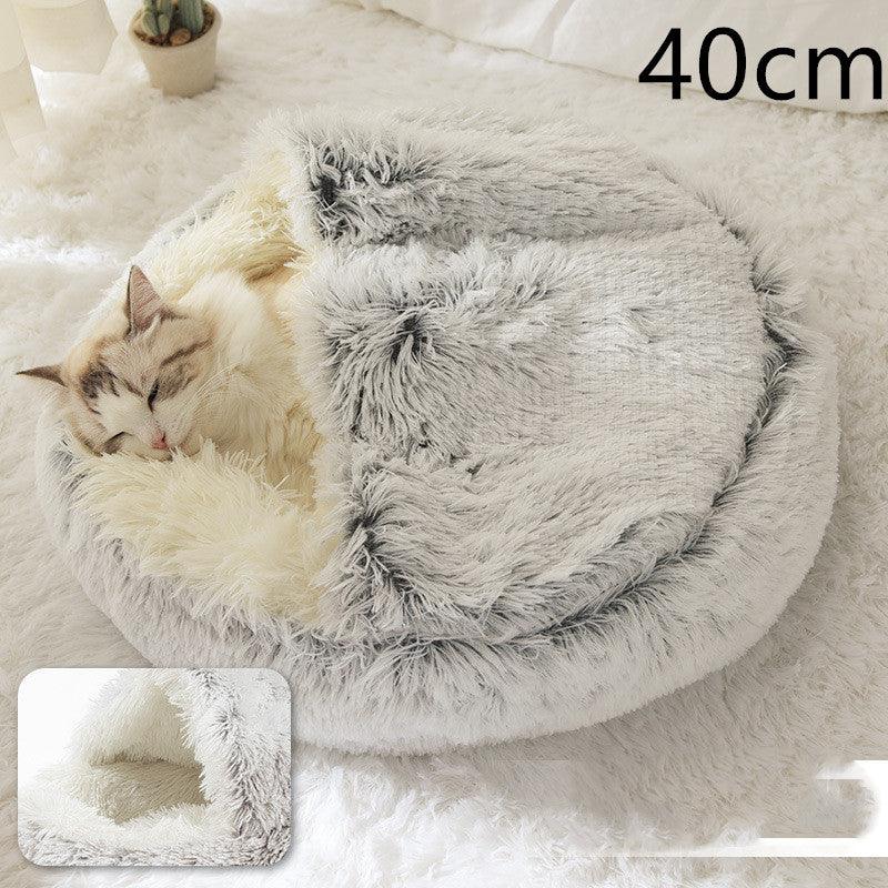 Round and semi-open plush cat bed, warm and soft