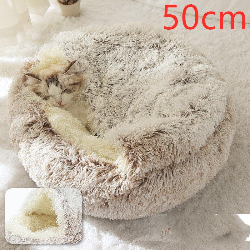 Round and semi-open plush cat bed, warm and soft