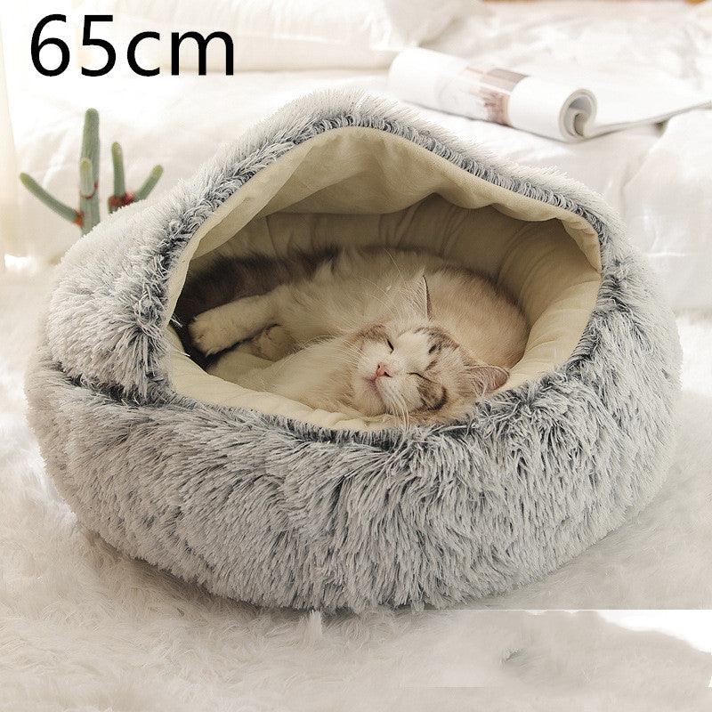 Round and semi-open plush cat bed, warm and soft