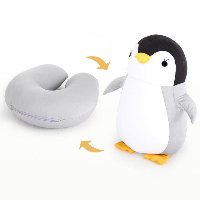 Oreiller de voyage en peluche en forme de U avec pingouin réversible, super drôle et cool