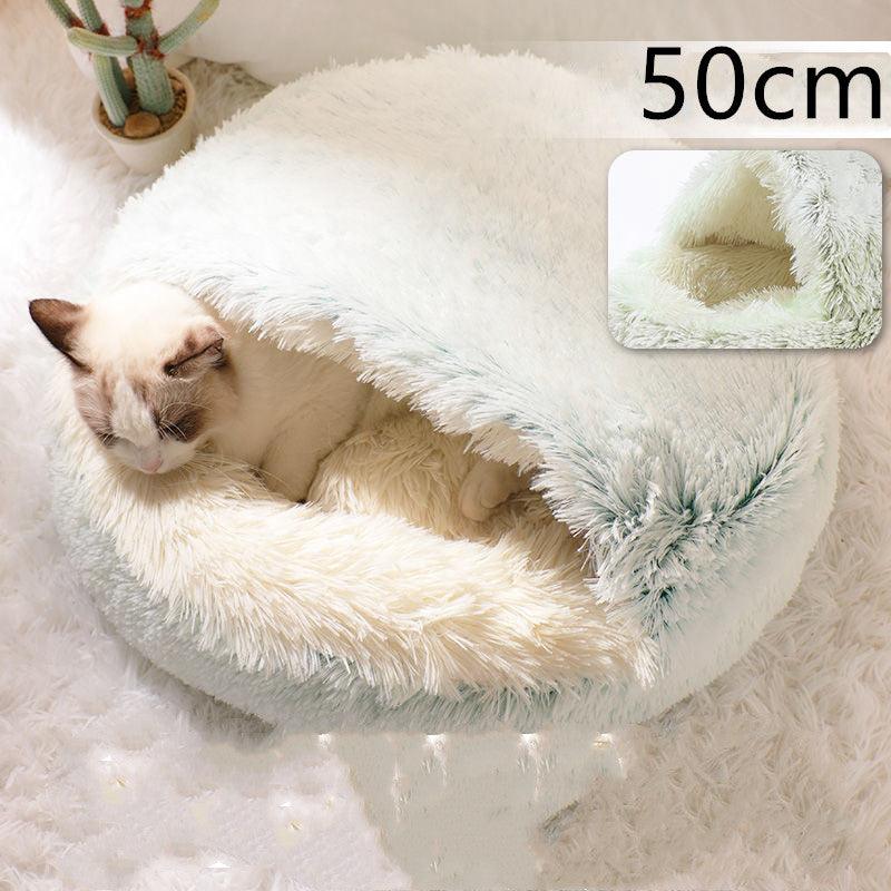 Round and semi-open plush cat bed, warm and soft