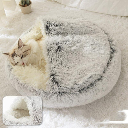 Round and semi-open plush cat bed, warm and soft