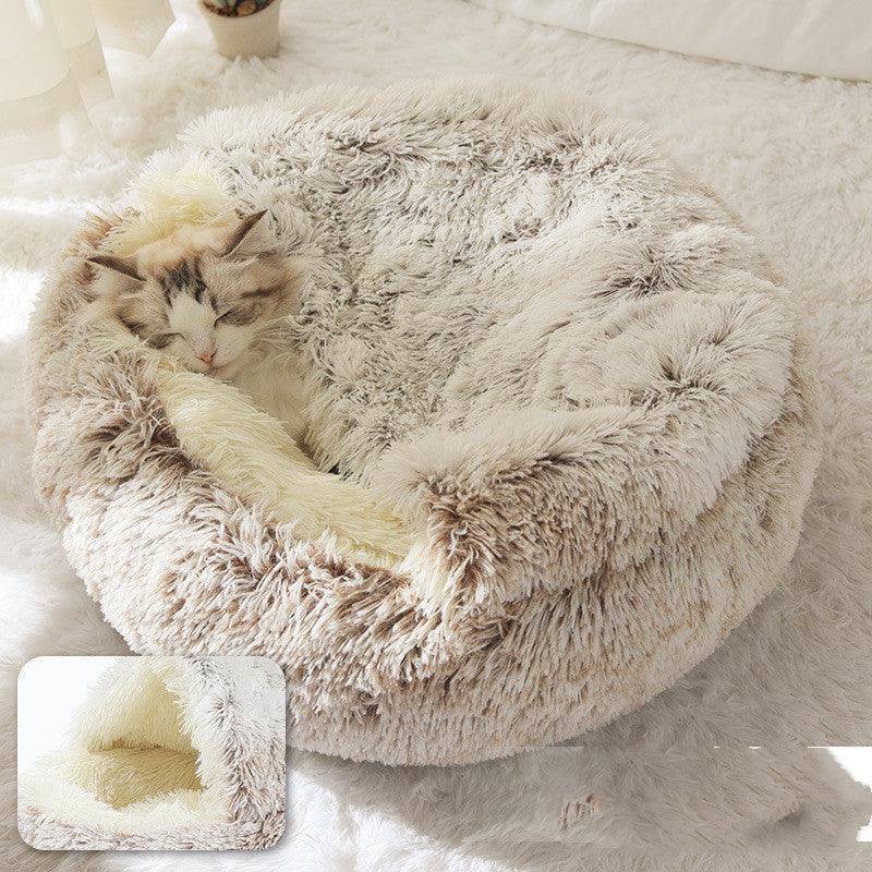 Round and semi-open plush cat bed, warm and soft