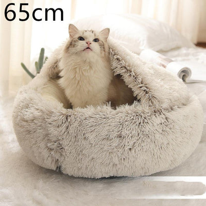 Round and semi-open plush cat bed, warm and soft