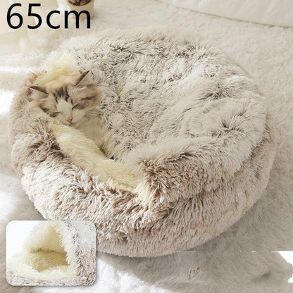 Round and semi-open plush cat bed, warm and soft