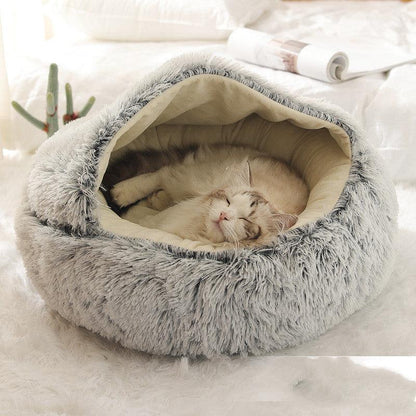 Round and semi-open plush cat bed, warm and soft