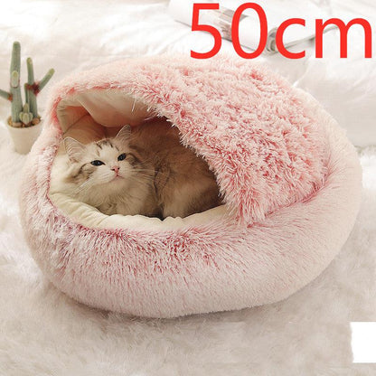 Round and semi-open plush cat bed, warm and soft