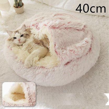 Round and semi-open plush cat bed, warm and soft