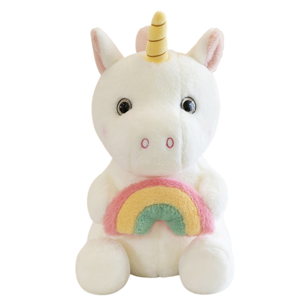 Adorable peluche licorne tenant un arc-en-ciel