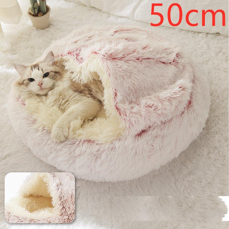 Round and semi-open plush cat bed, warm and soft