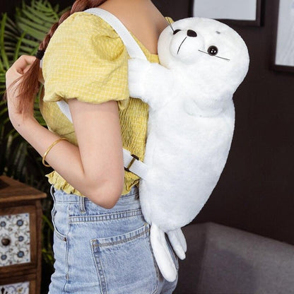 Kawaii White Seal Plush Backpack