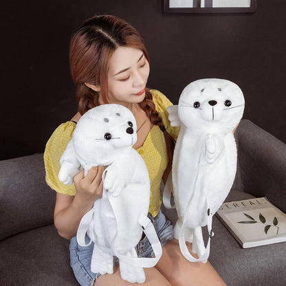 Kawaii White Seal Plush Backpack