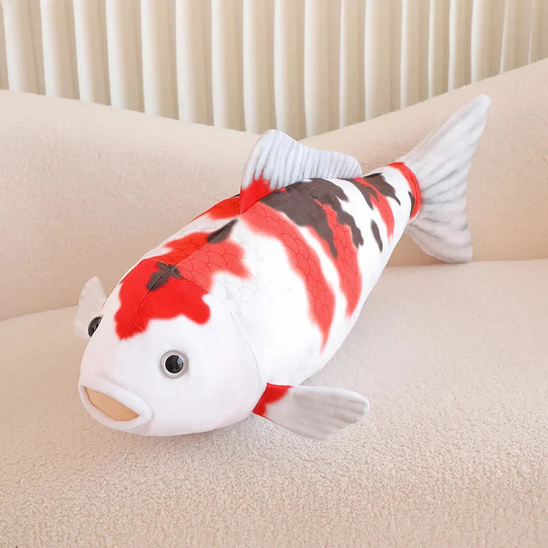 Peluche poisson Koi géant blanc et rouge