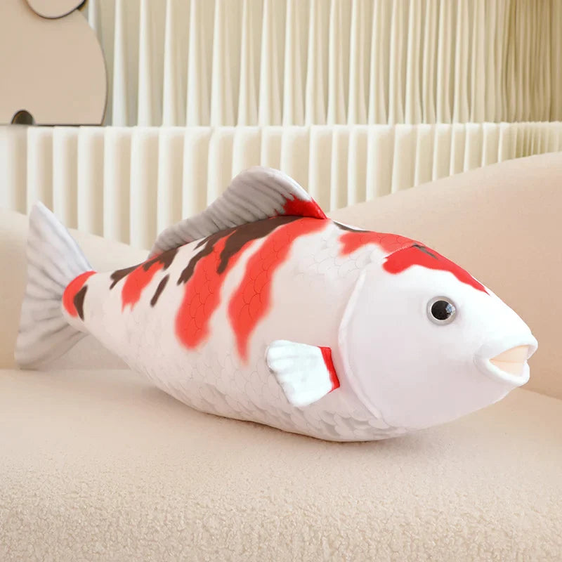 Peluche poisson Koi géant blanc et rouge