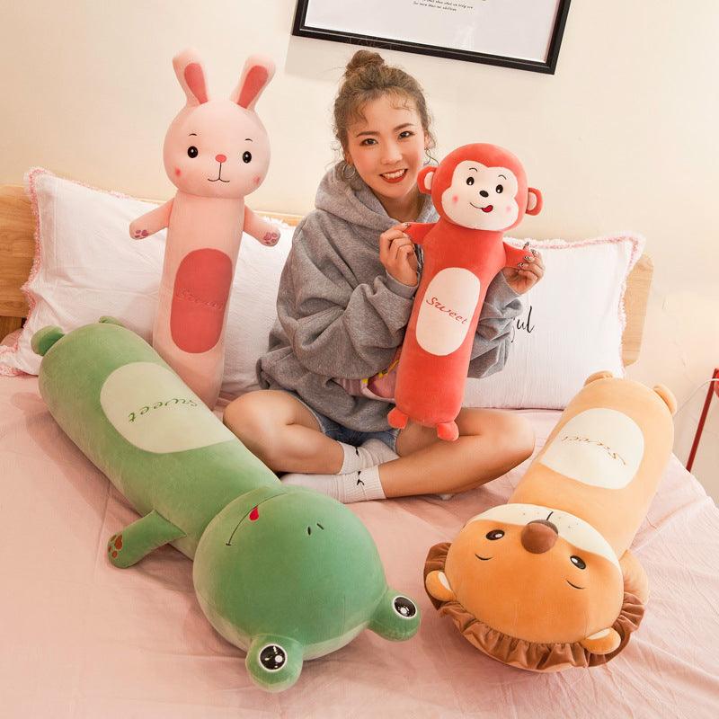 Plush doll with long, cylindrical pillow