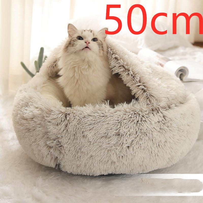 Round and semi-open plush cat bed, warm and soft